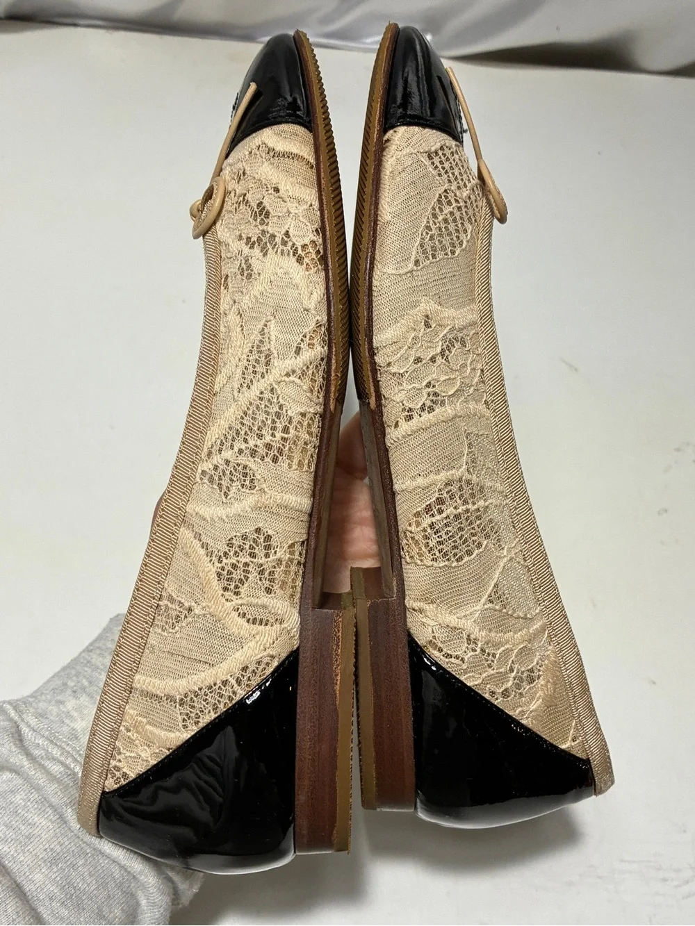 CHANEL Beige Lace Ballet Flats with Black Patent Cap Toe and Bow